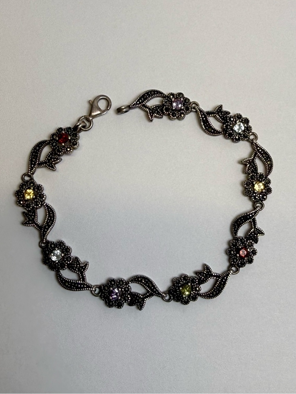 925 STERLING SILVER MARCASITE GEMS FLOWER LINK TENNIS BRACELET 7.5" LONG